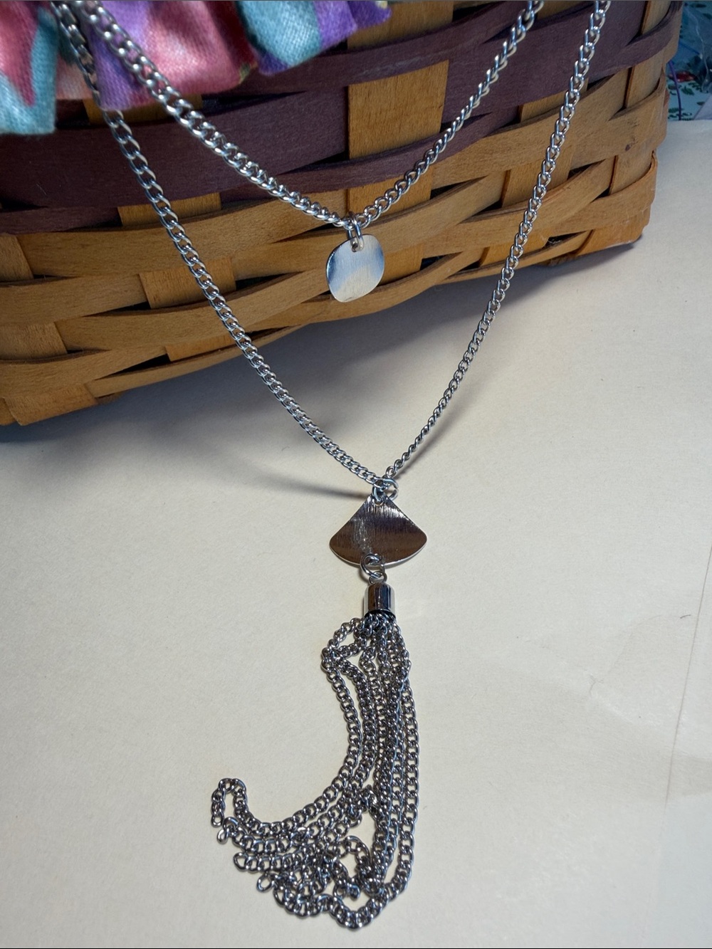 Double chain tassel necklace/ silver tone/ 22-28 in length/ very good pre-owned